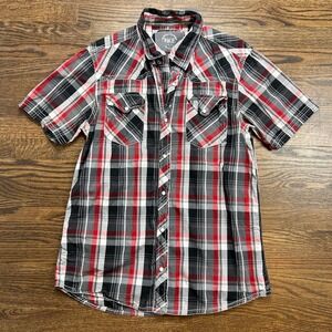 BKE Slim Fit Shirt Mens Large Red Black Plaid Pearl Snap Western Short Sleeve